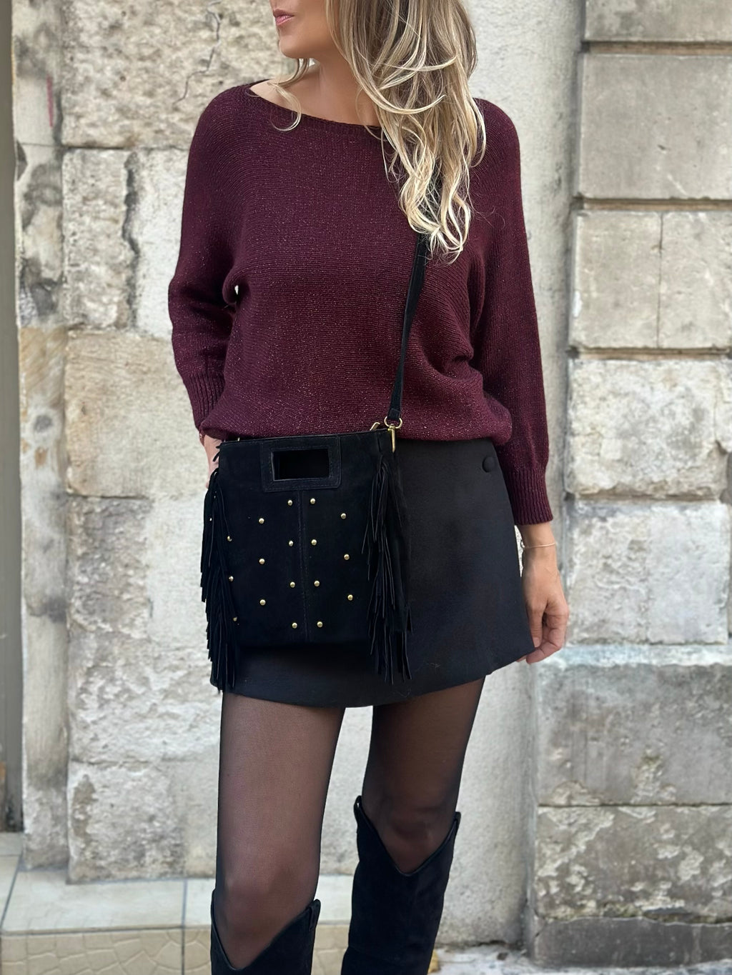 Sac * Elly * à frange suede clouté or