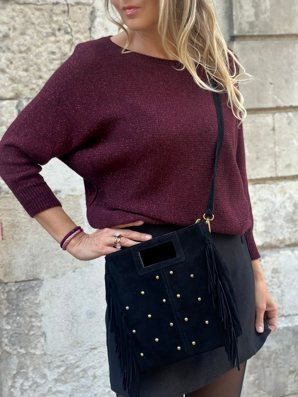 Sac * Elly * à frange suede clouté or