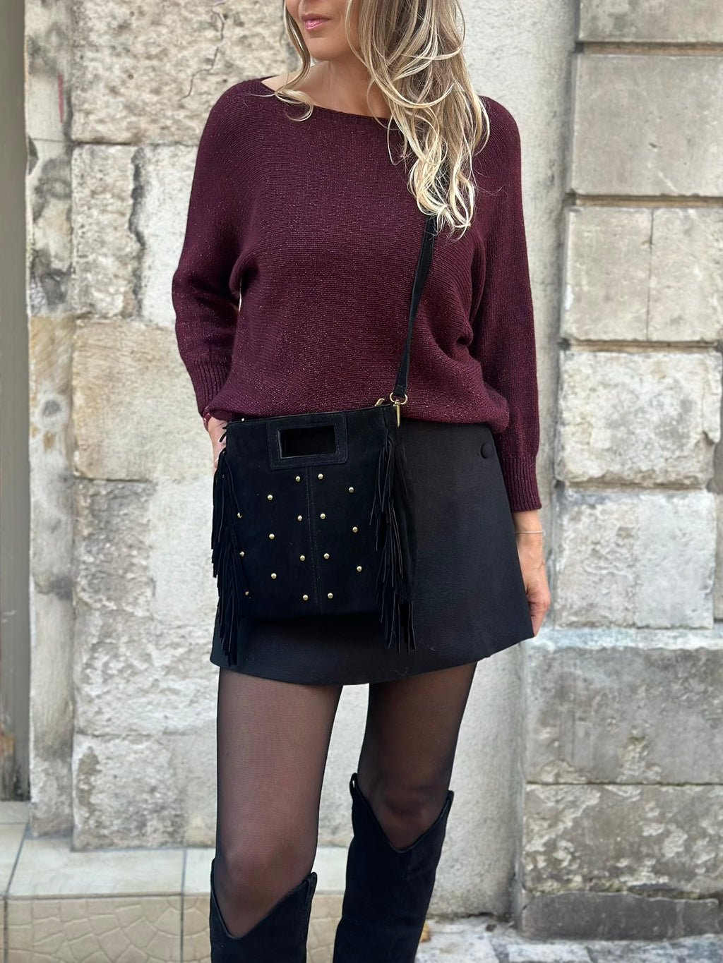 Sac * Elly * à frange suede clouté or