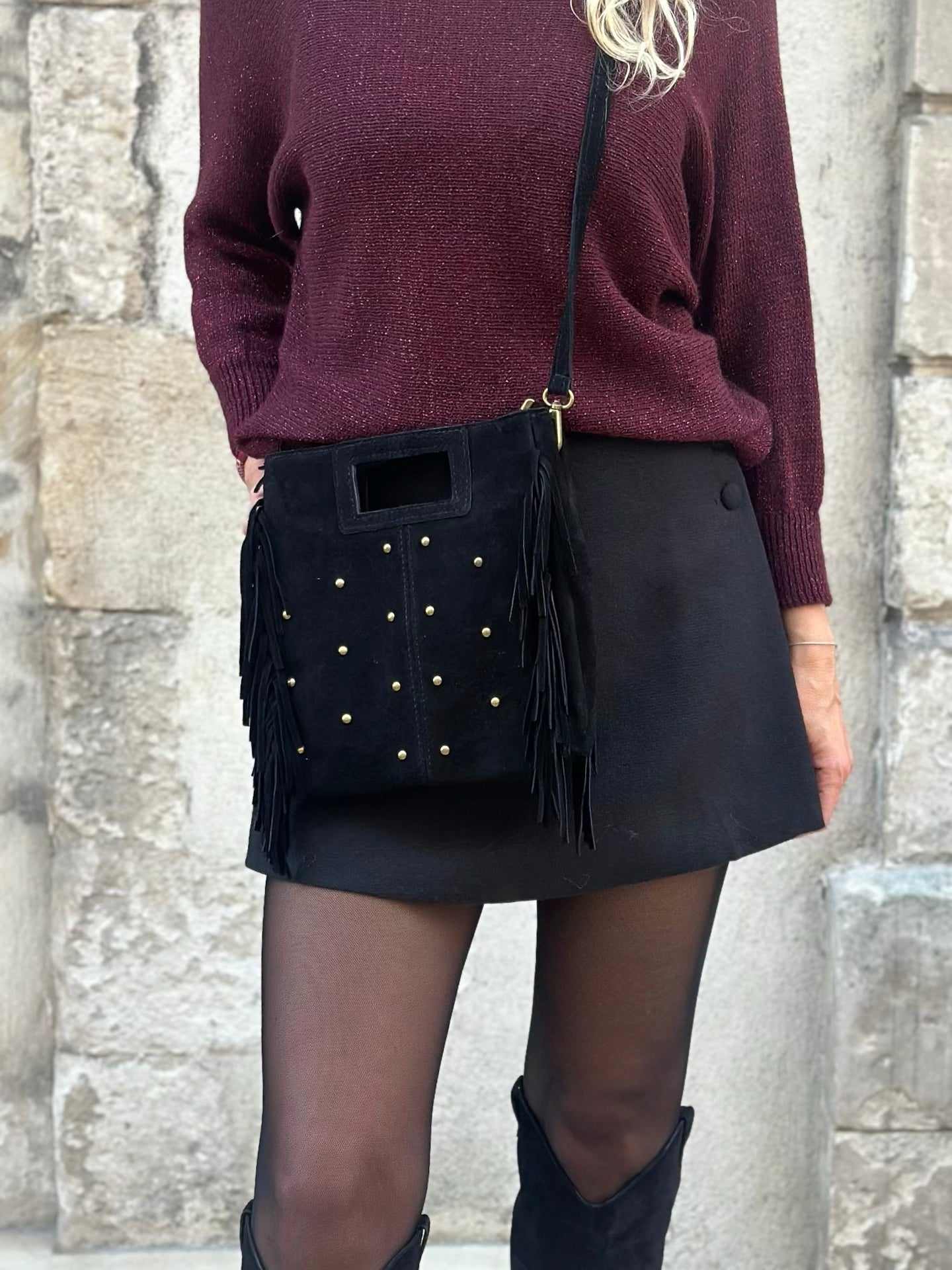 Sac * Elly * à frange suede clouté or