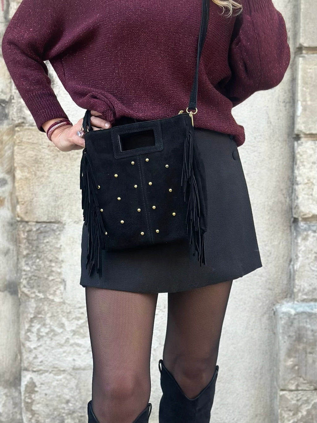 Sac * Elly * à frange suede clouté or