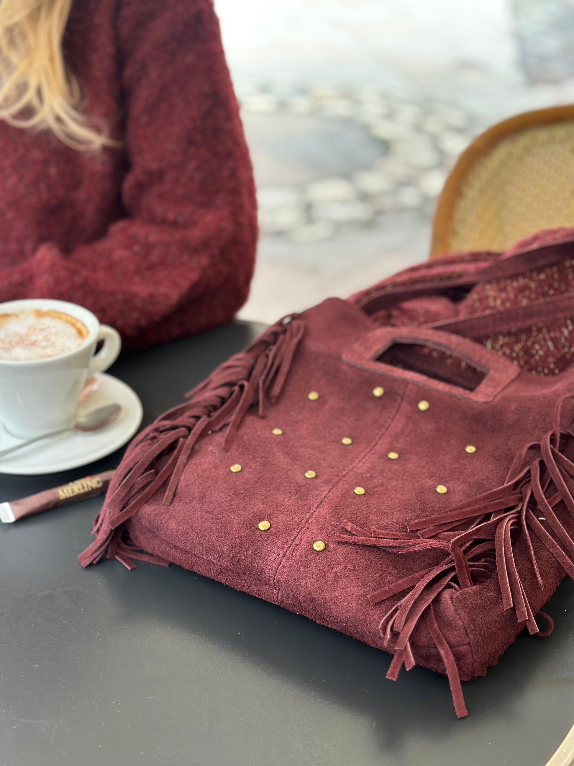 Sac * Elly * à frange suede clouté or