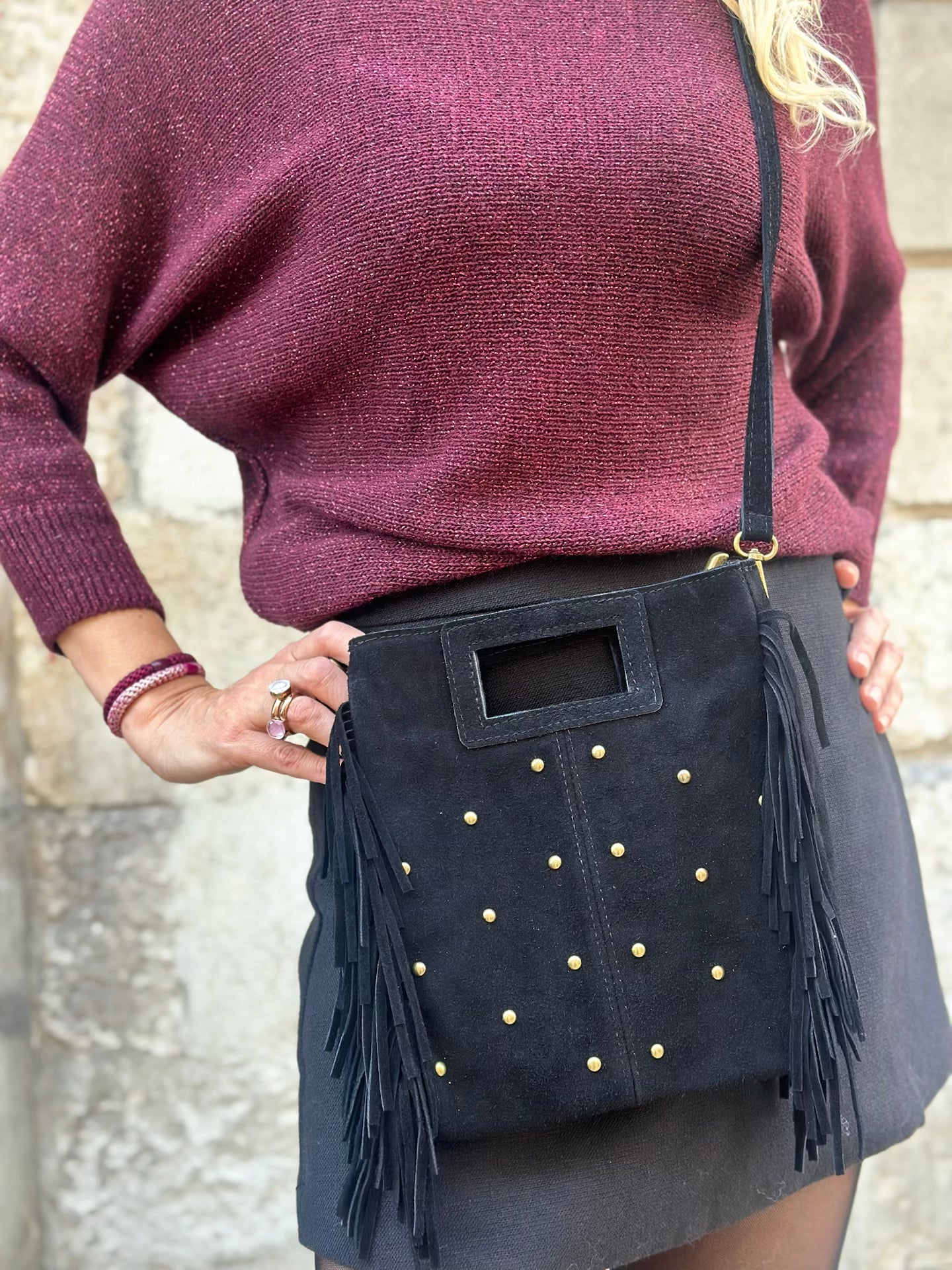Sac * Elly * à frange suede clouté or