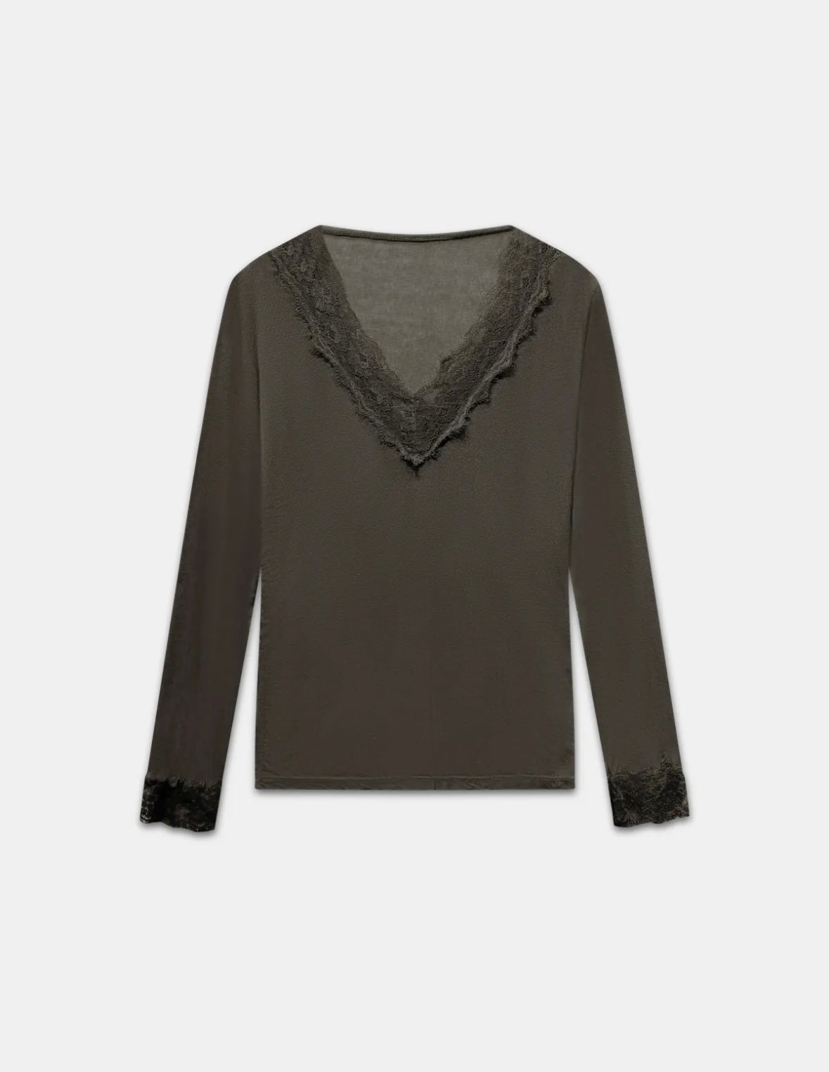 T-shirt manches longues en cachemire et dentelle