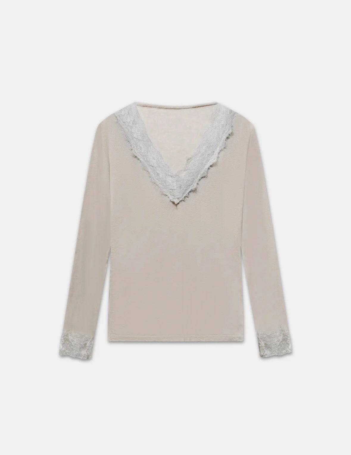 T-shirt manches longues en cachemire et dentelle